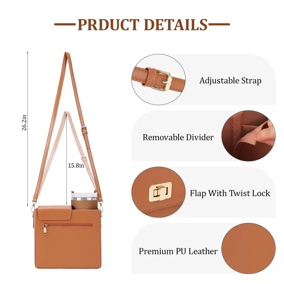 BBIQI Crossbody Water Bottle Purse for 40oz Tumbler Waterproof Faux Leather Adjustable Strap - view 6