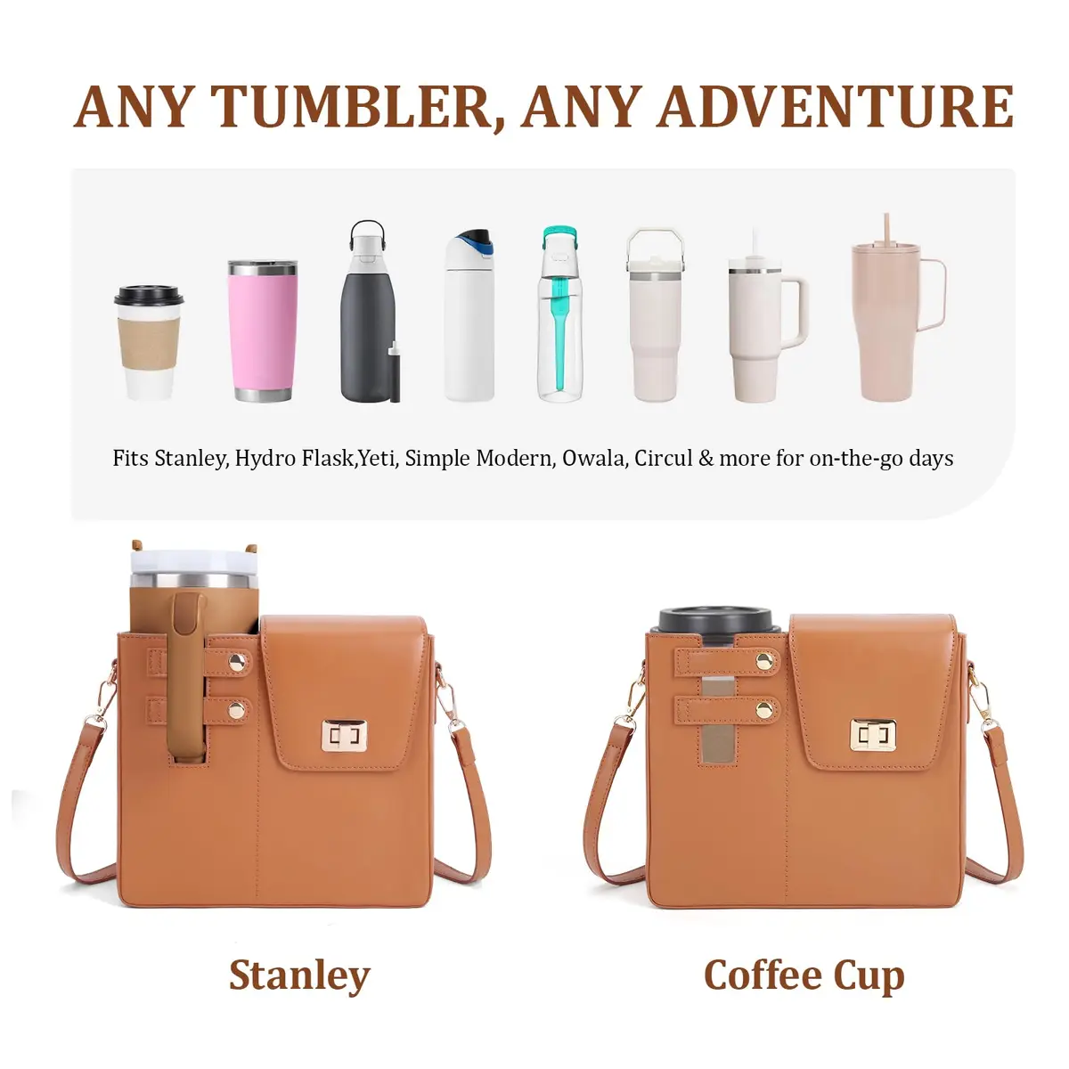 BBIQI Crossbody Water Bottle Purse for 40oz Tumbler Waterproof Faux Leather Adjustable Strap - view 3