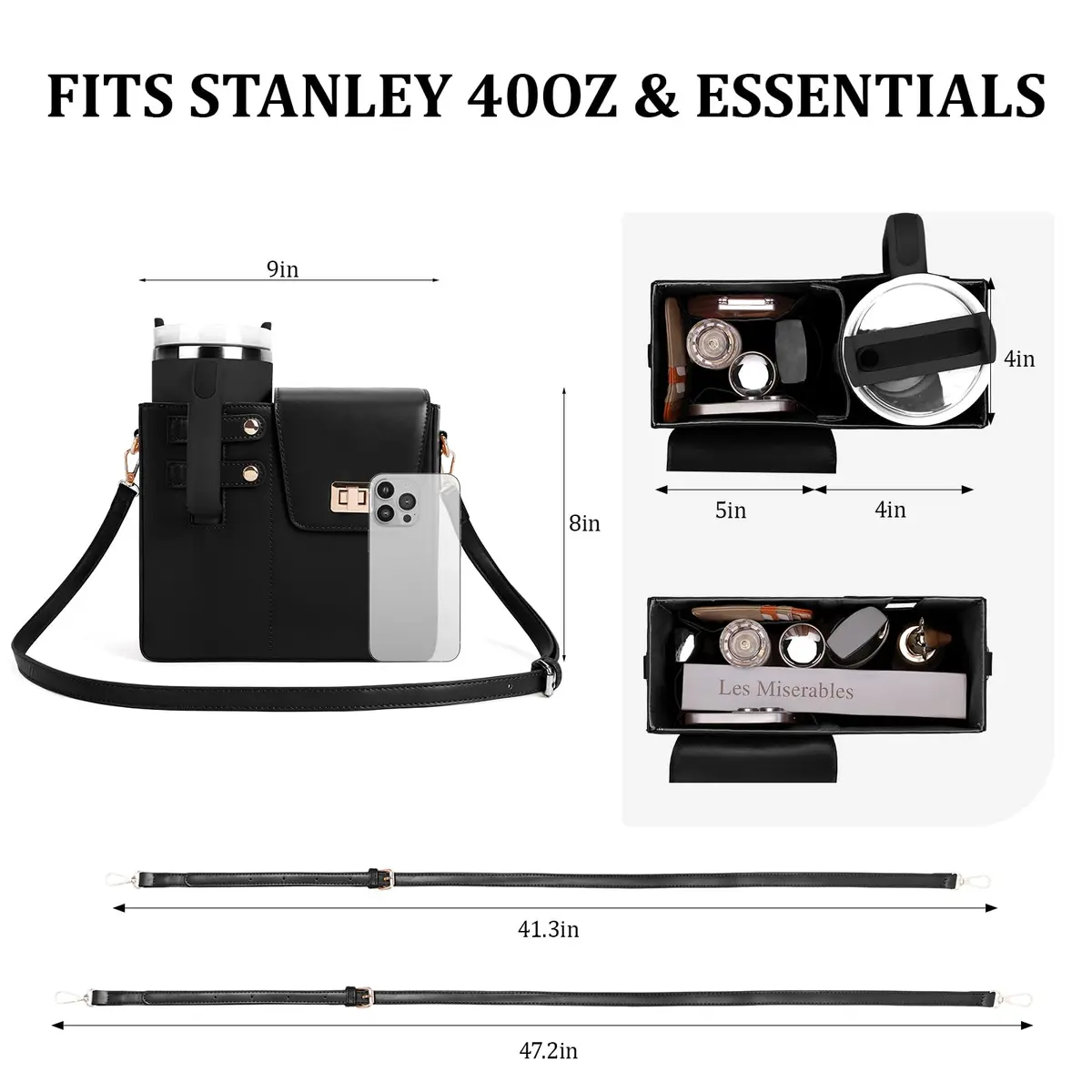 BBIQI Stanley Purse Cup Holder Bag with Strap | Waterproof Faux Leather, Fits 40oz Tumblers - view 6