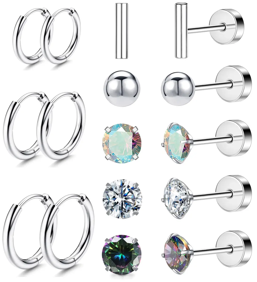 GOGOEY Titanium Hypoallergenic Earrings for Sensitive Ears | 16-Piece Set (C-Silver) - main product image