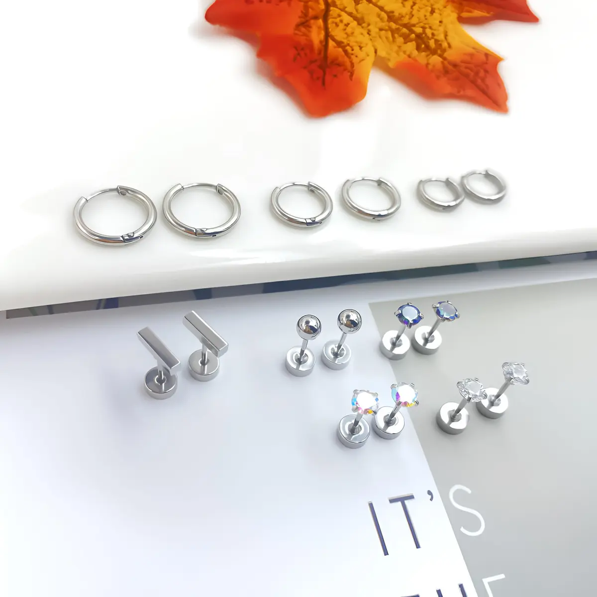 GOGOEY Titanium Hypoallergenic Earrings for Sensitive Ears | 16-Piece Set (C-Silver) - view 7