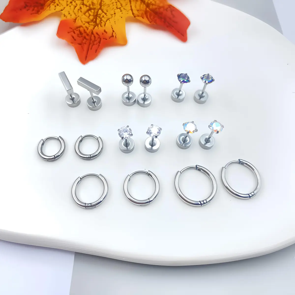 GOGOEY Titanium Hypoallergenic Earrings for Sensitive Ears | 16-Piece Set (C-Silver) - view 8