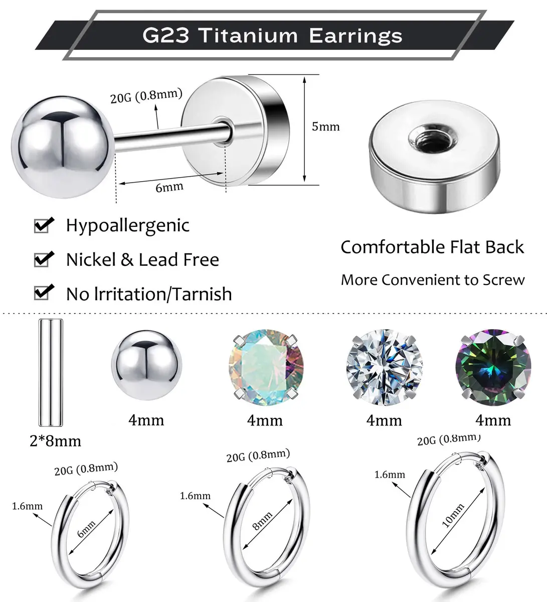 GOGOEY Titanium Hypoallergenic Earrings for Sensitive Ears | 16-Piece Set (C-Silver) - view 2