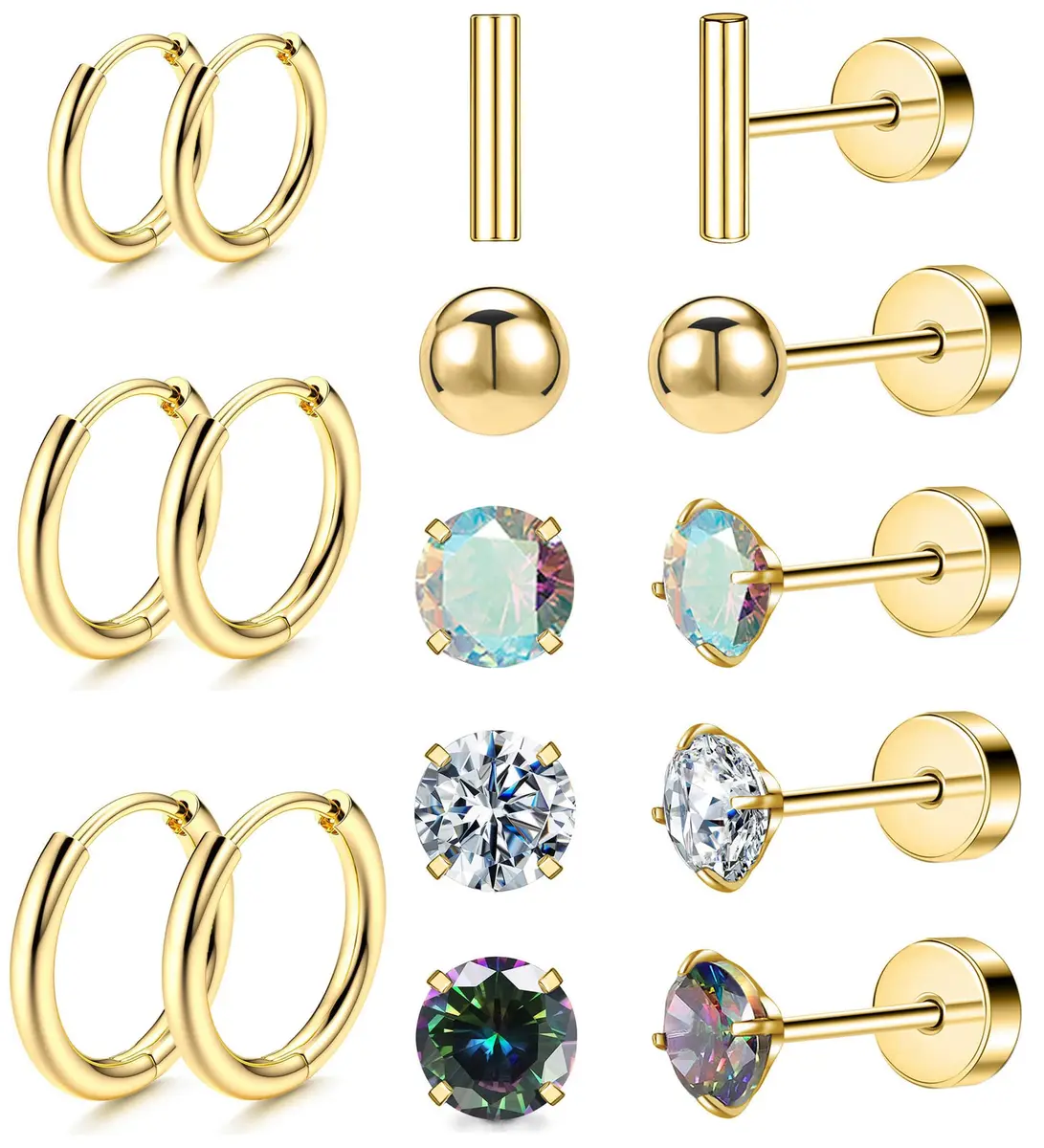 GOGOEY Hypoallergenic Titanium Earrings for Sensitive Ears, 8 Pairs (20G) | Flat Back Stud & Hoop Set - main product image