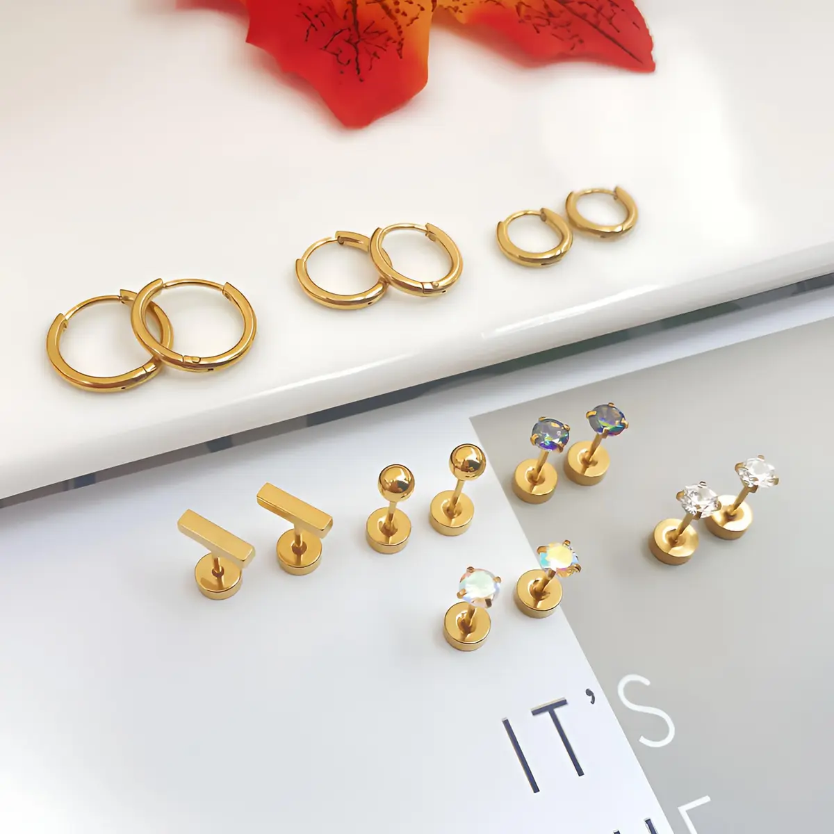 GOGOEY Hypoallergenic Titanium Earrings for Sensitive Ears, 8 Pairs (20G) | Flat Back Stud & Hoop Set - view 7
