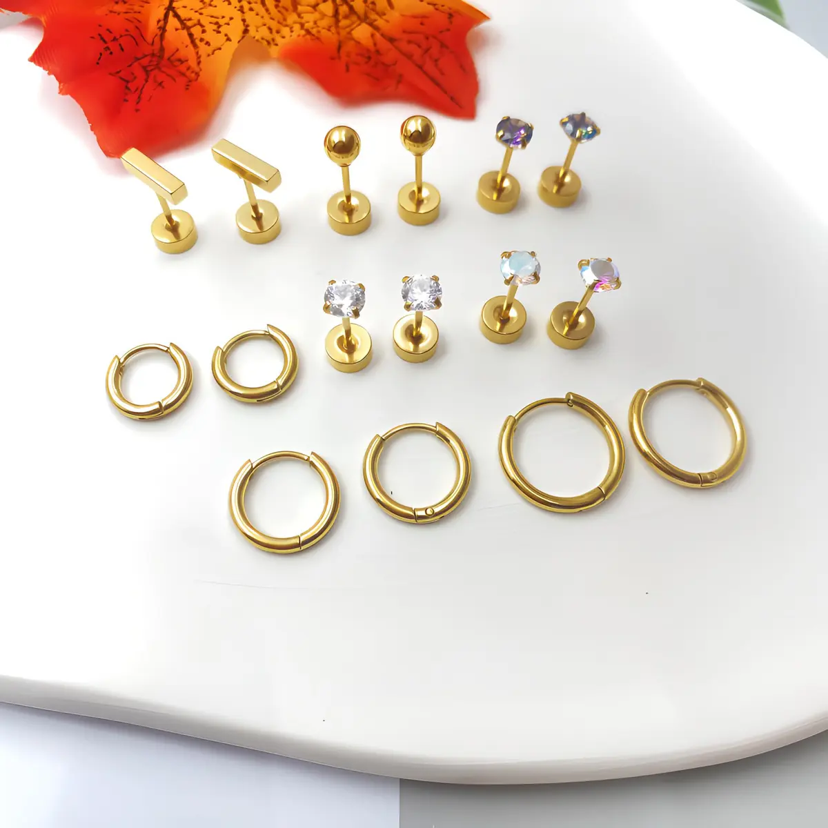 GOGOEY Hypoallergenic Titanium Earrings for Sensitive Ears, 8 Pairs (20G) | Flat Back Stud & Hoop Set - view 8