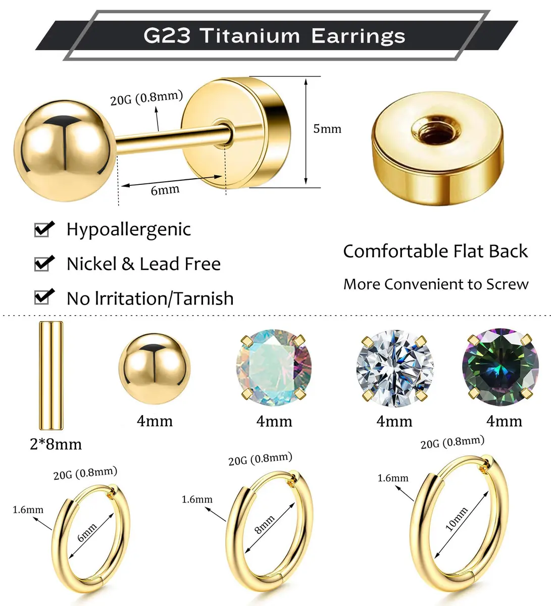 GOGOEY Hypoallergenic Titanium Earrings for Sensitive Ears, 8 Pairs (20G) | Flat Back Stud & Hoop Set - view 2