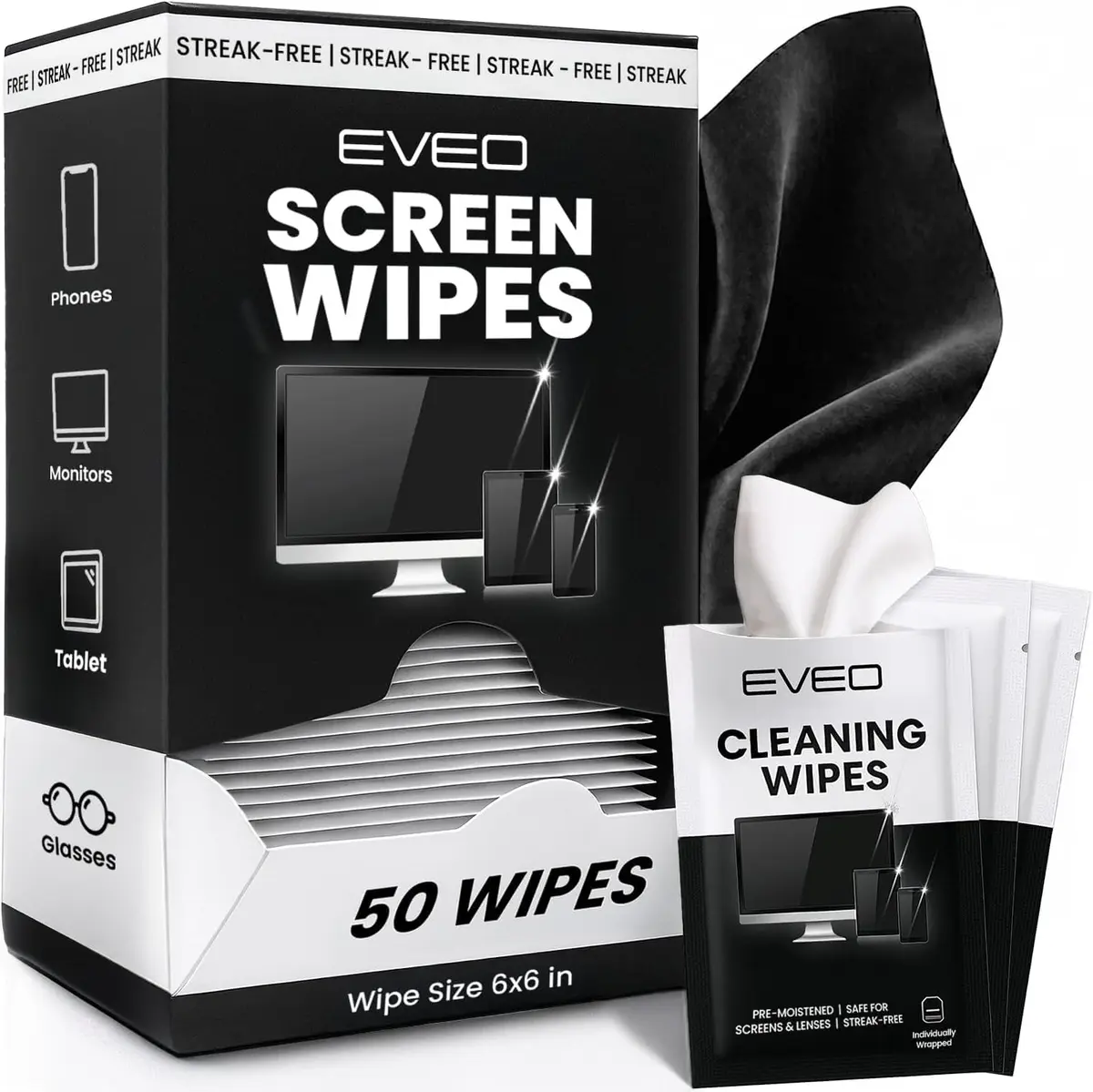 EVEO Screen Wipes - Electronic Wipes, Microfiber Screen Cleaner for Electronics | 80 Pack - main product image