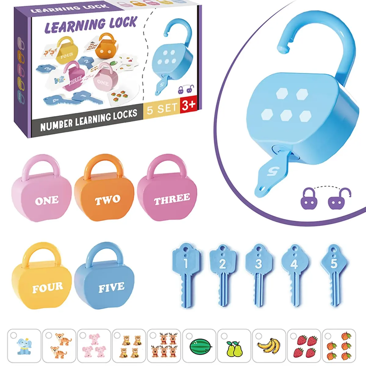 GEERAY Montessori Lock & Key Set for Toddlers 3+ | 5 Apple Locks, Keys & 10 Cards | Learn Numbers, Colors & Motor Skills STEM Toy - view 8