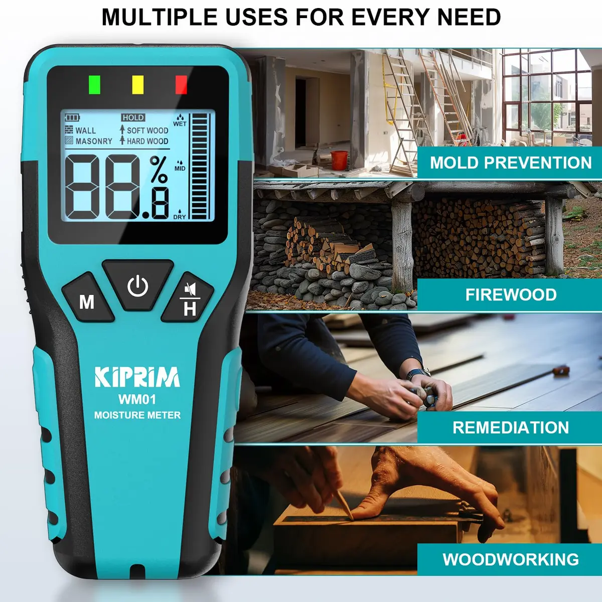 Kiprim WM01 Pinless Moisture Tester for Wood, Walls & Masonry | 40mm Depth Detection - view 4