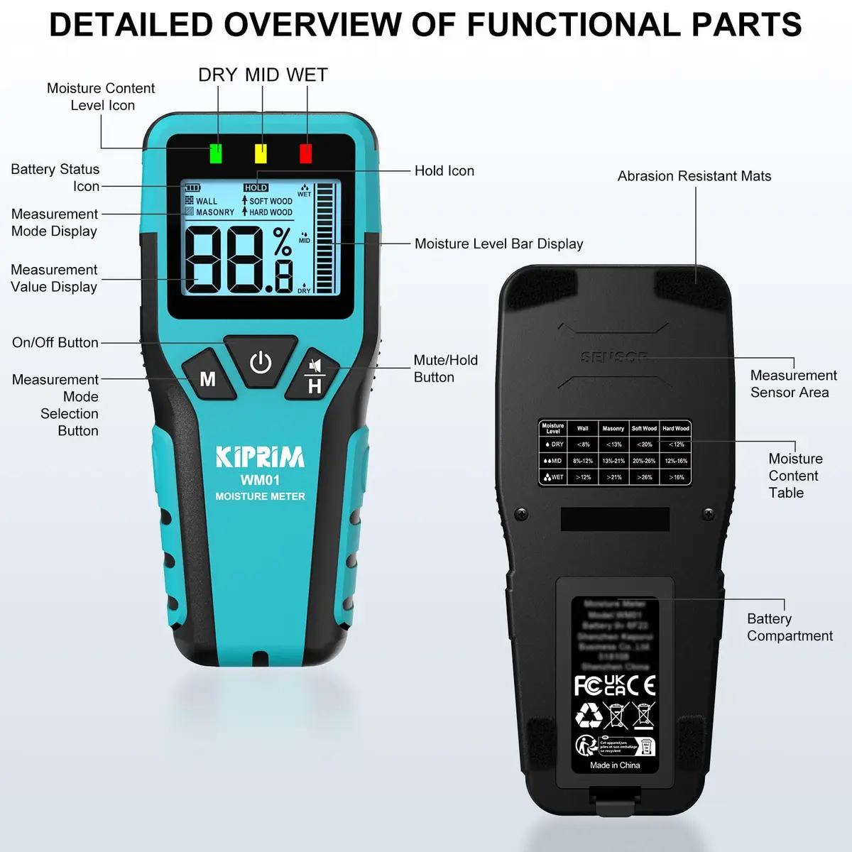 Kiprim WM01 Pinless Moisture Tester for Wood, Walls & Masonry | 40mm Depth Detection - view 7