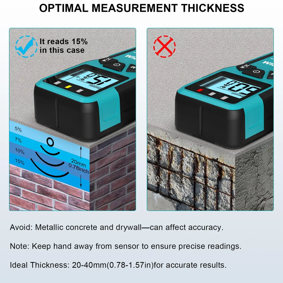 Kiprim WM01 Pinless Moisture Tester for Wood, Walls & Masonry | 40mm Depth Detection - view 8