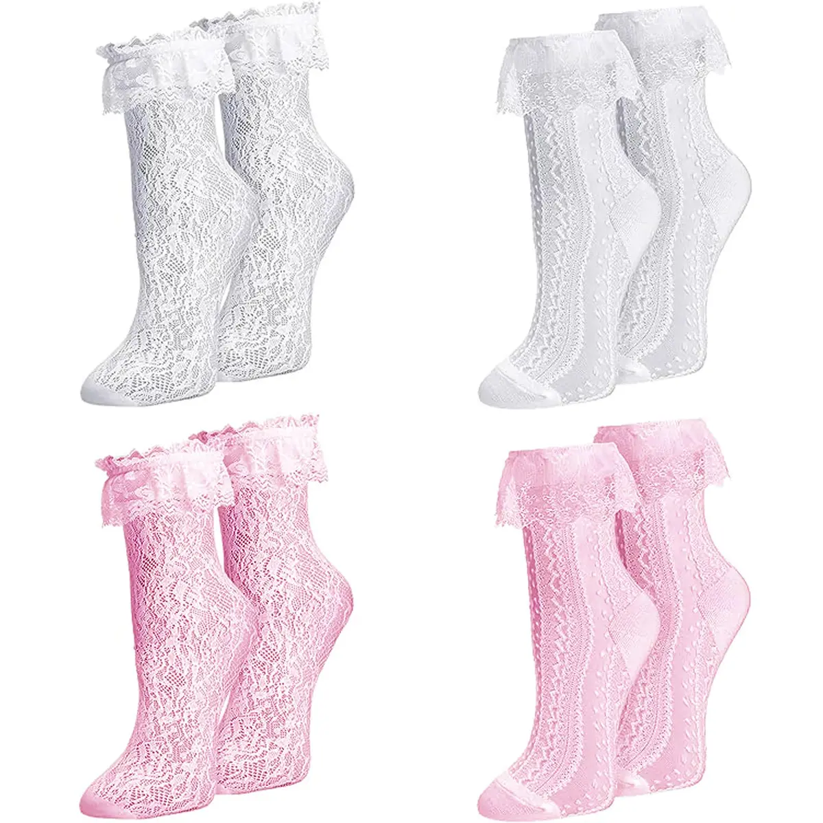 MKYSZLT Women White Lace Socks Pink Ruffle Frilly Dress Socks | Cute Mesh Lace Trim for Women 4 Pairs - main product image