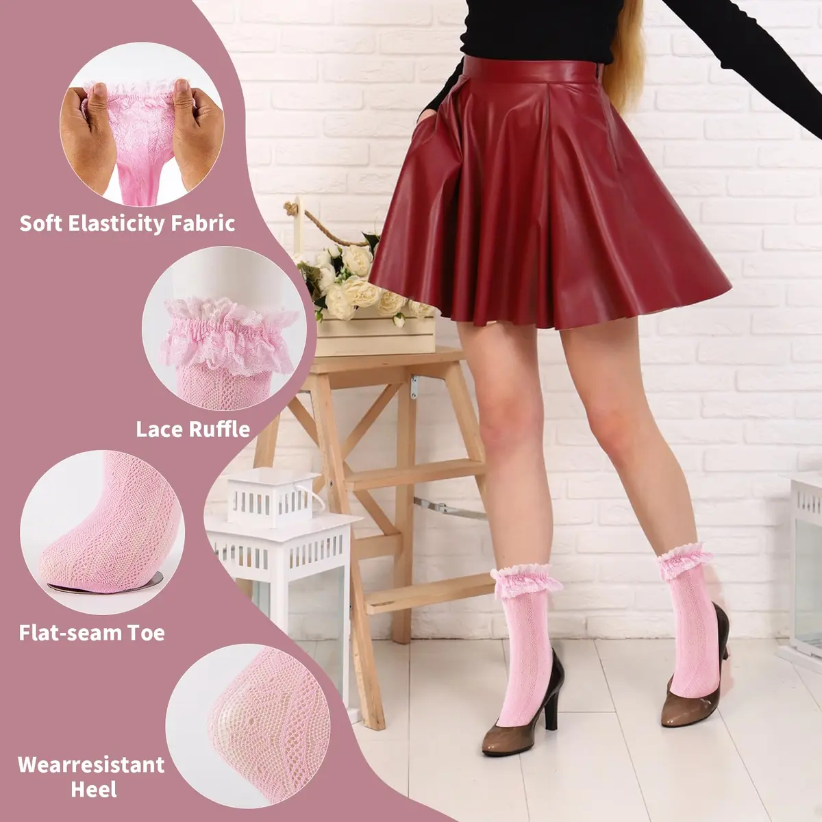 MKYSZLT Women White Lace Socks Pink Ruffle Frilly Dress Socks | Cute Mesh Lace Trim for Women 4 Pairs - view 5