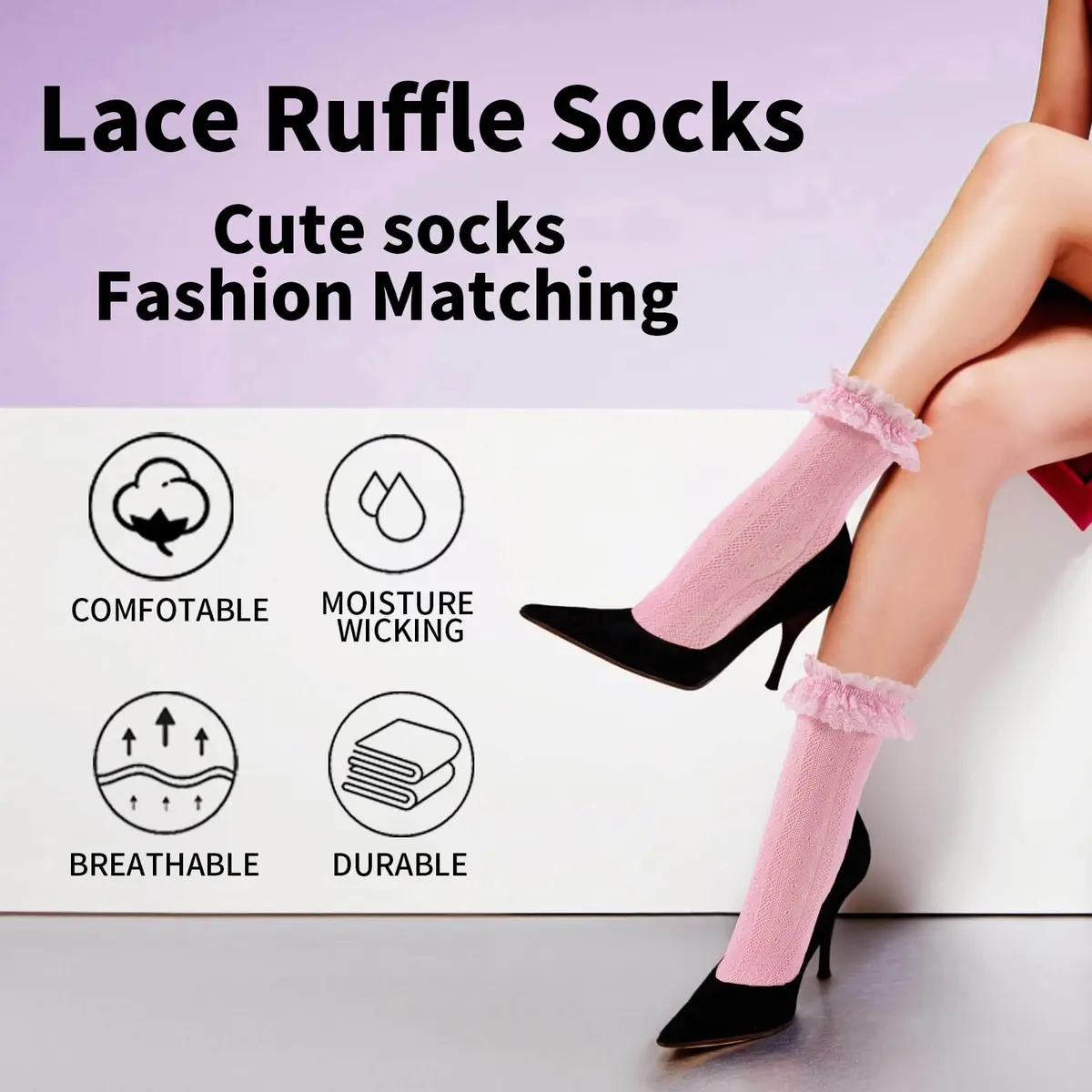 MKYSZLT Women White Lace Socks Pink Ruffle Frilly Dress Socks | Cute Mesh Lace Trim for Women 4 Pairs - view 6