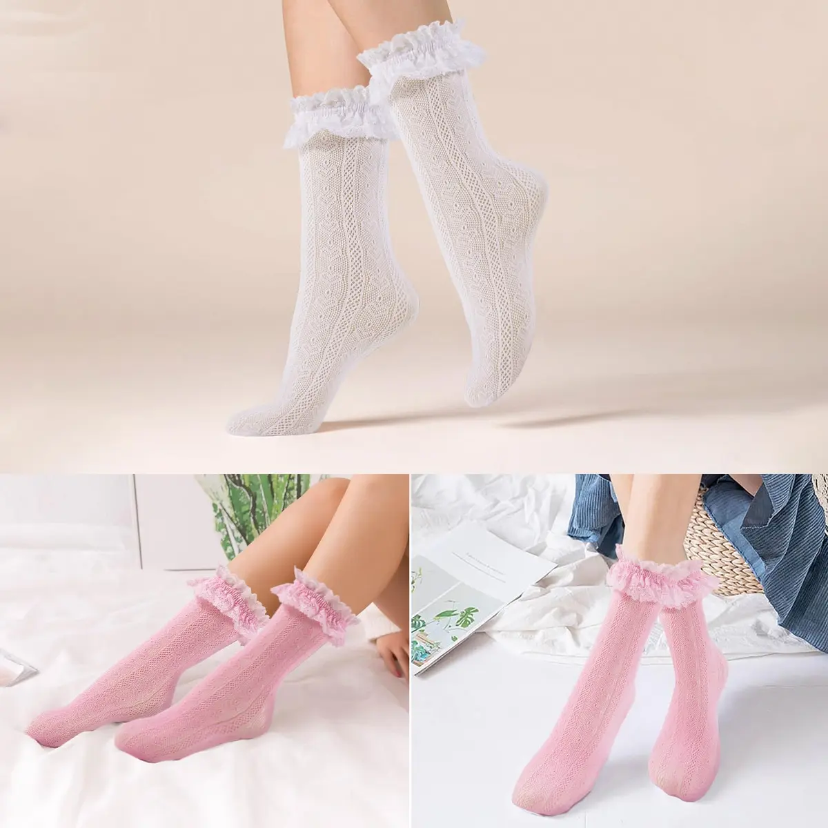 MKYSZLT Women White Lace Socks Pink Ruffle Frilly Dress Socks | Cute Mesh Lace Trim for Women 4 Pairs - view 2