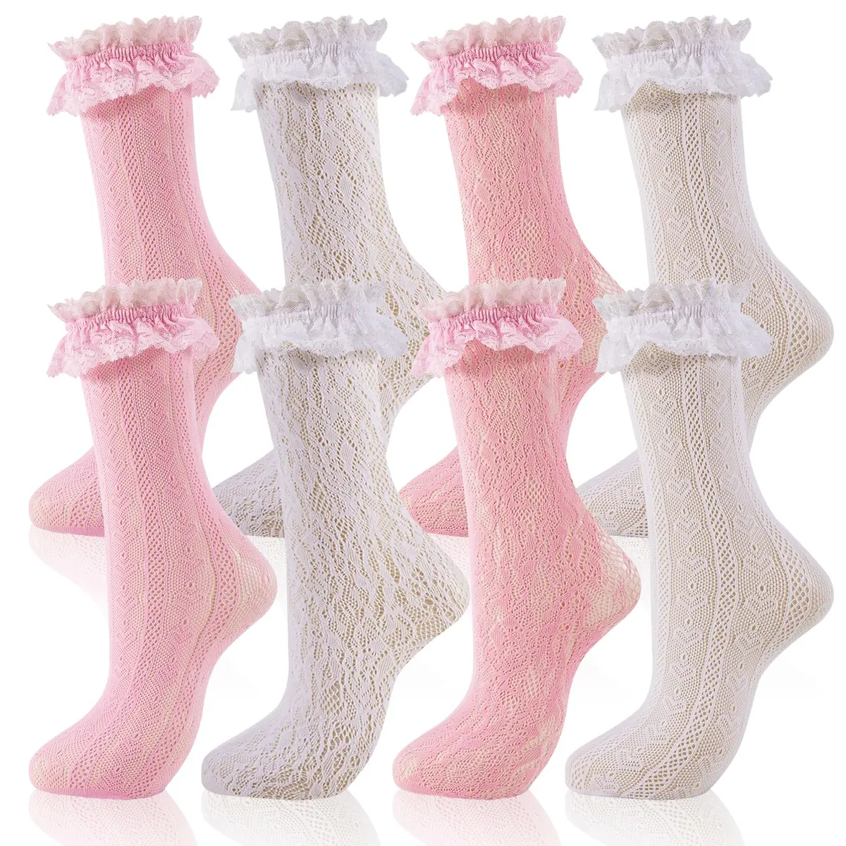 MKYSZLT Women White Lace Socks Pink Ruffle Frilly Dress Socks | Cute Mesh Lace Trim for Women 4 Pairs - view 4