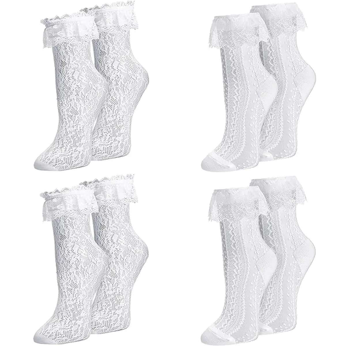 MKYSZLT Womens White Lace Socks Ruffle Frilly Dress Socks 4 Pack | Cute Mesh Lace Trim Ankle High Socks for Women - main product image