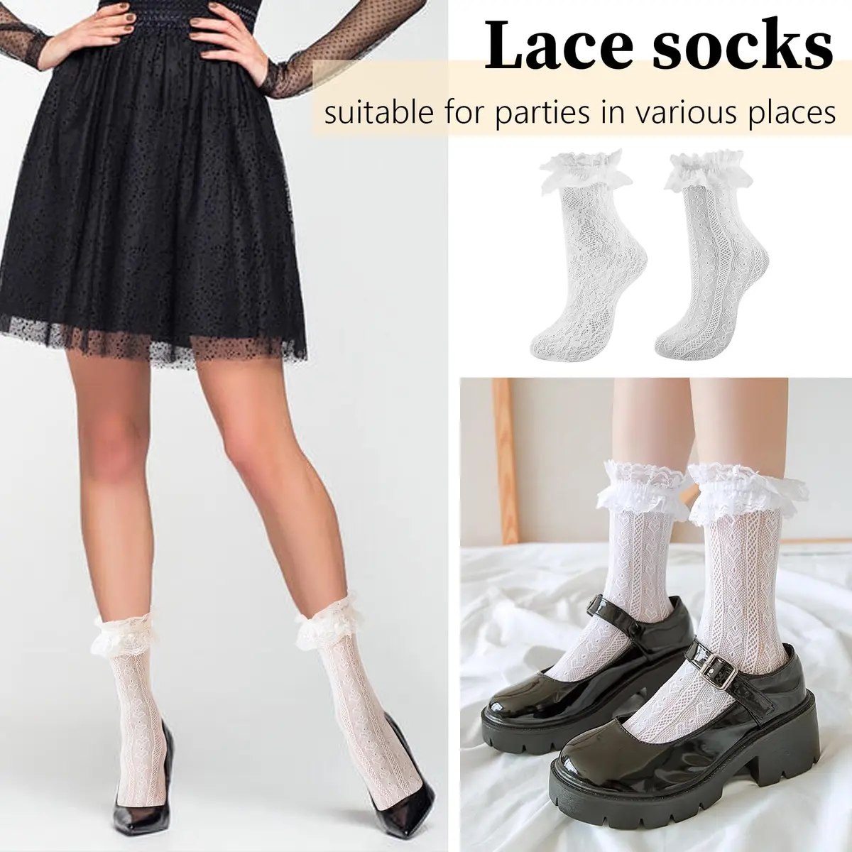 MKYSZLT Womens White Lace Socks Ruffle Frilly Dress Socks 4 Pack | Cute Mesh Lace Trim Ankle High Socks for Women - view 5