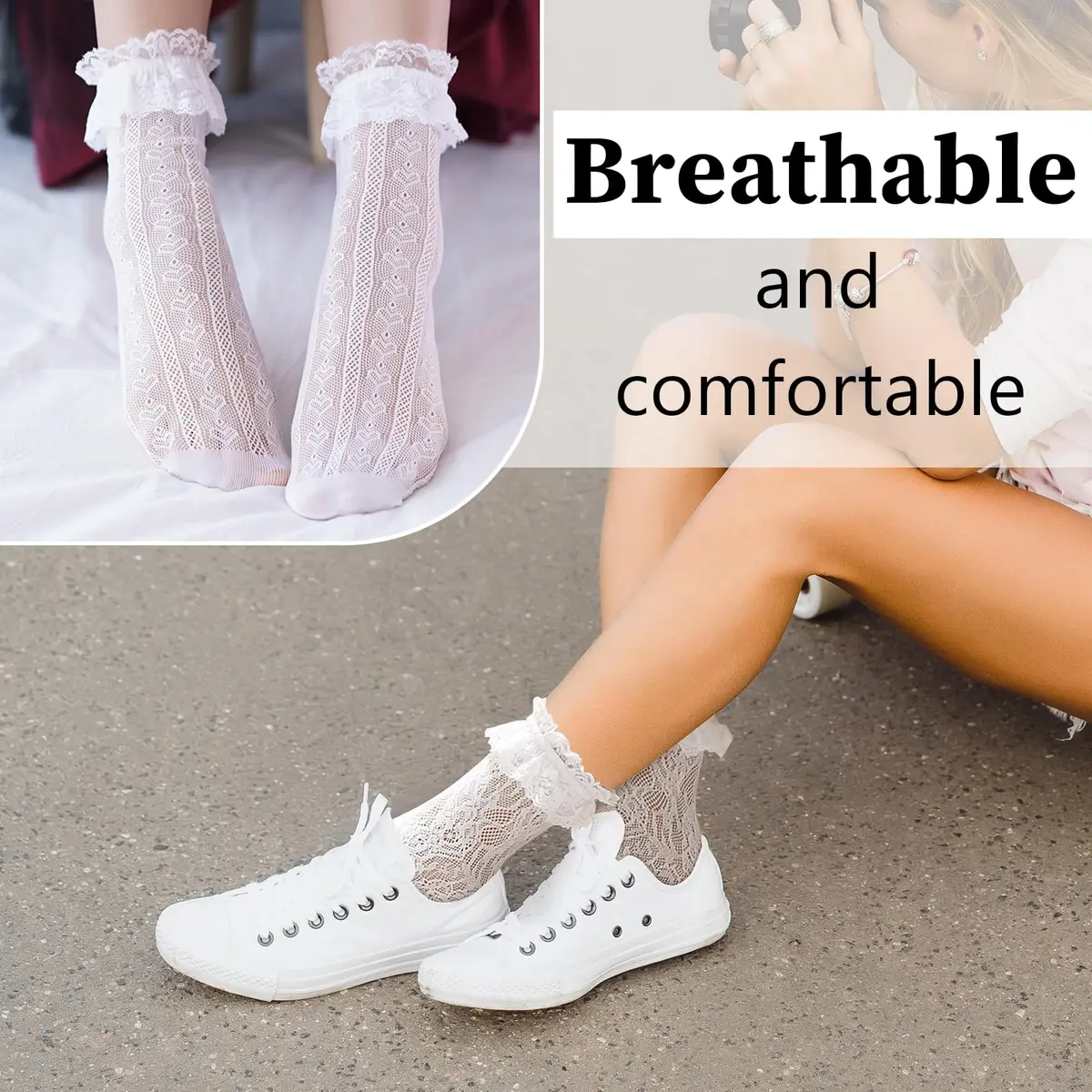 MKYSZLT Womens White Lace Socks Ruffle Frilly Dress Socks 4 Pack | Cute Mesh Lace Trim Ankle High Socks for Women - view 6