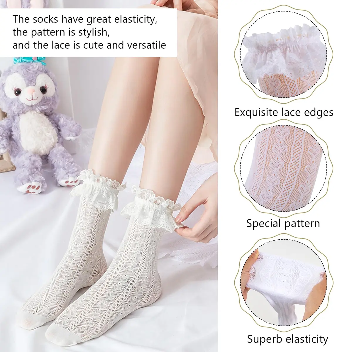 MKYSZLT Womens White Lace Socks Ruffle Frilly Dress Socks 4 Pack | Cute Mesh Lace Trim Ankle High Socks for Women - view 4