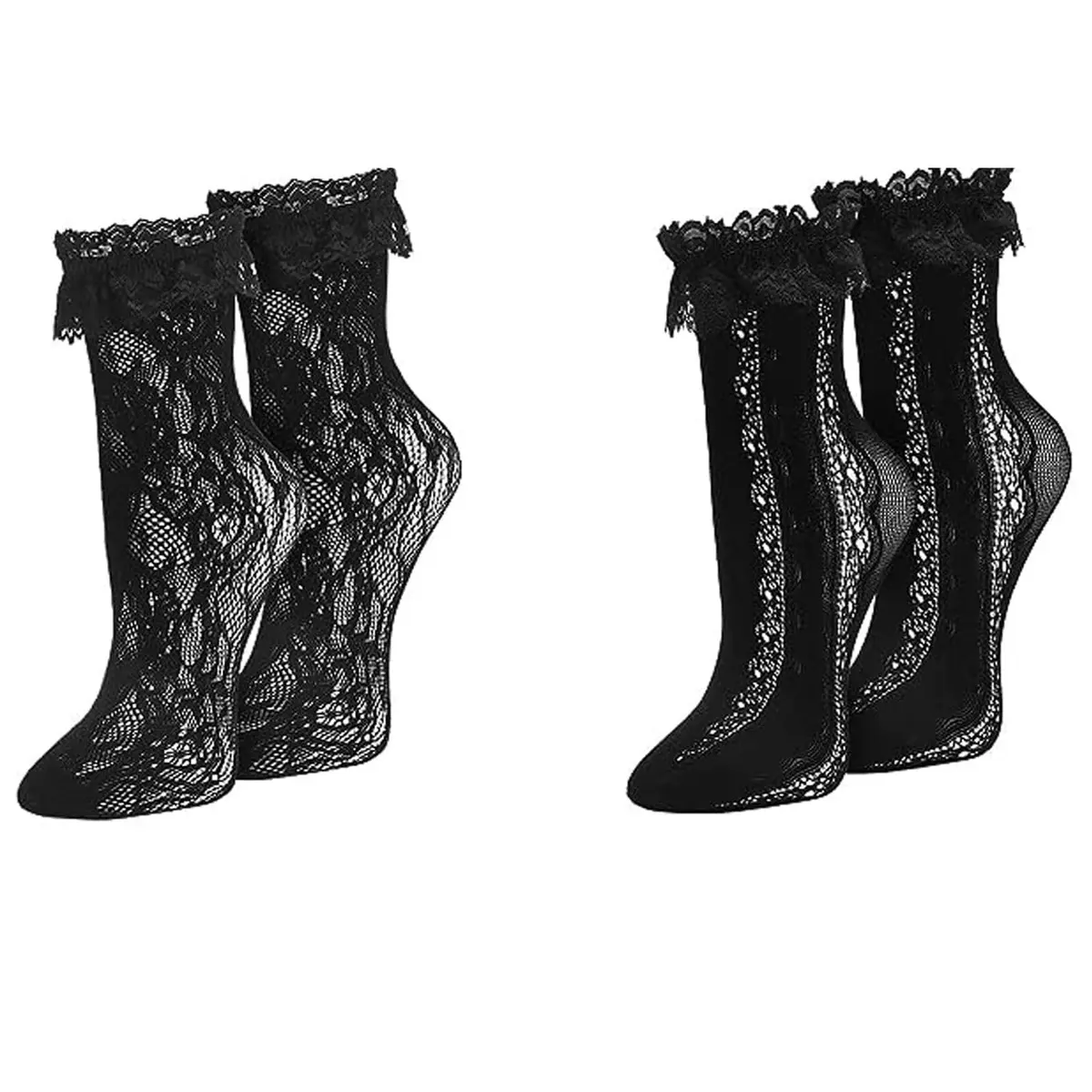 MKYSZLT Women Black Lace Socks Ruffle Frilly Dress Socks | Cute Mesh Lace Trim Ankle High Sock with Ruffles (2 Pairs) - main product image