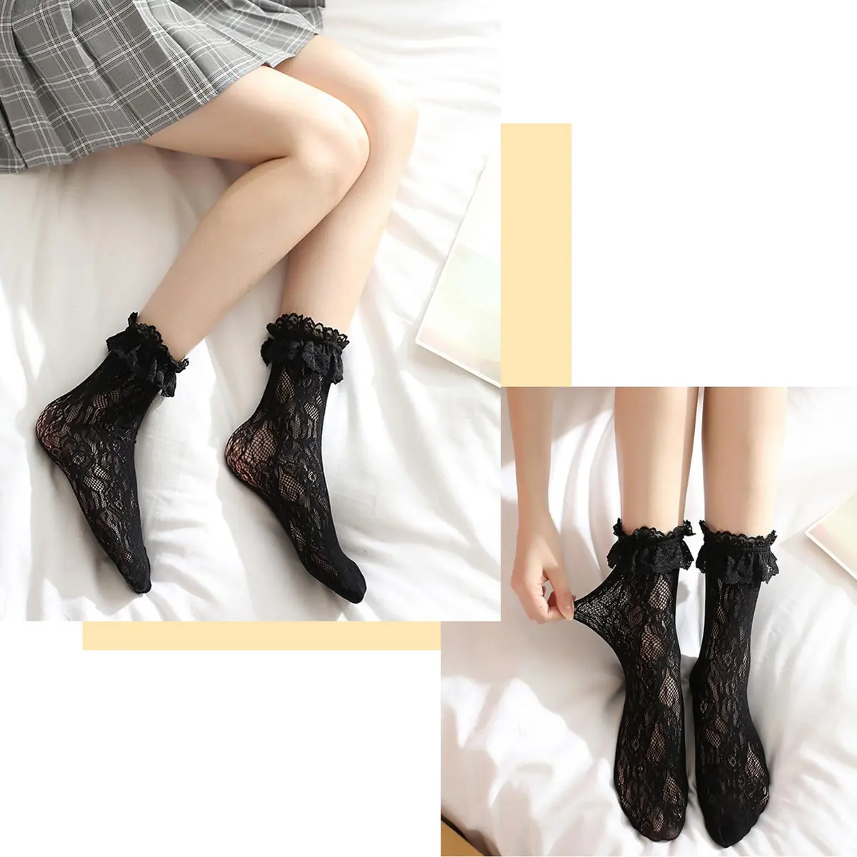 MKYSZLT Women Black Lace Socks Ruffle Frilly Dress Socks | Cute Mesh Lace Trim Ankle High Sock with Ruffles (2 Pairs) - view 5