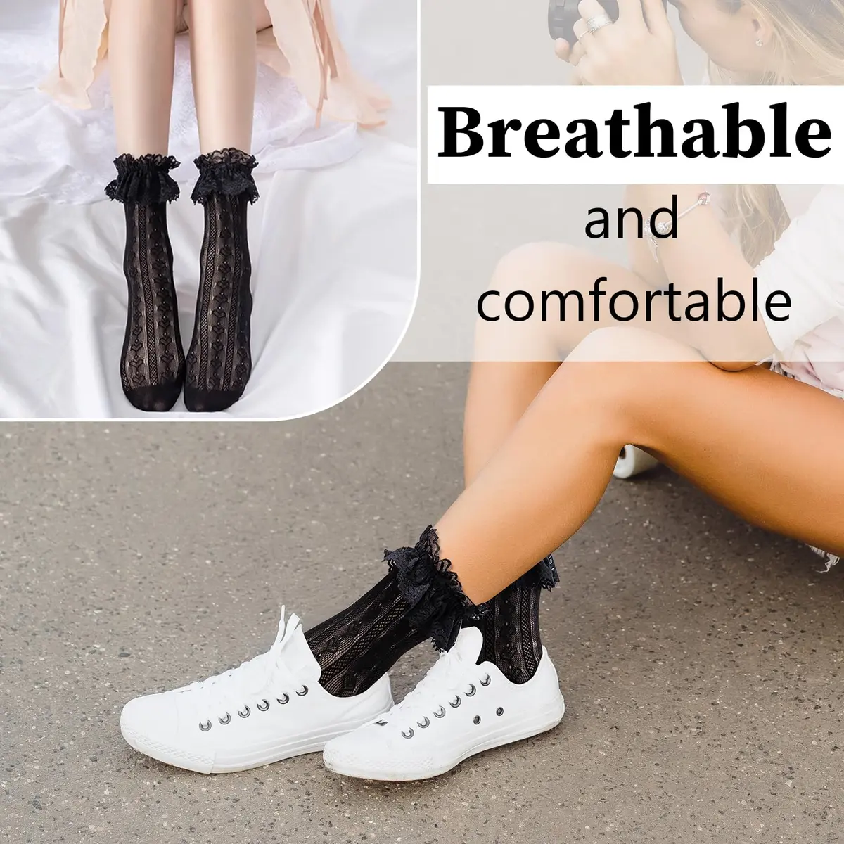 MKYSZLT Women Black Lace Socks Ruffle Frilly Dress Socks | Cute Mesh Lace Trim Ankle High Sock with Ruffles (2 Pairs) - view 6