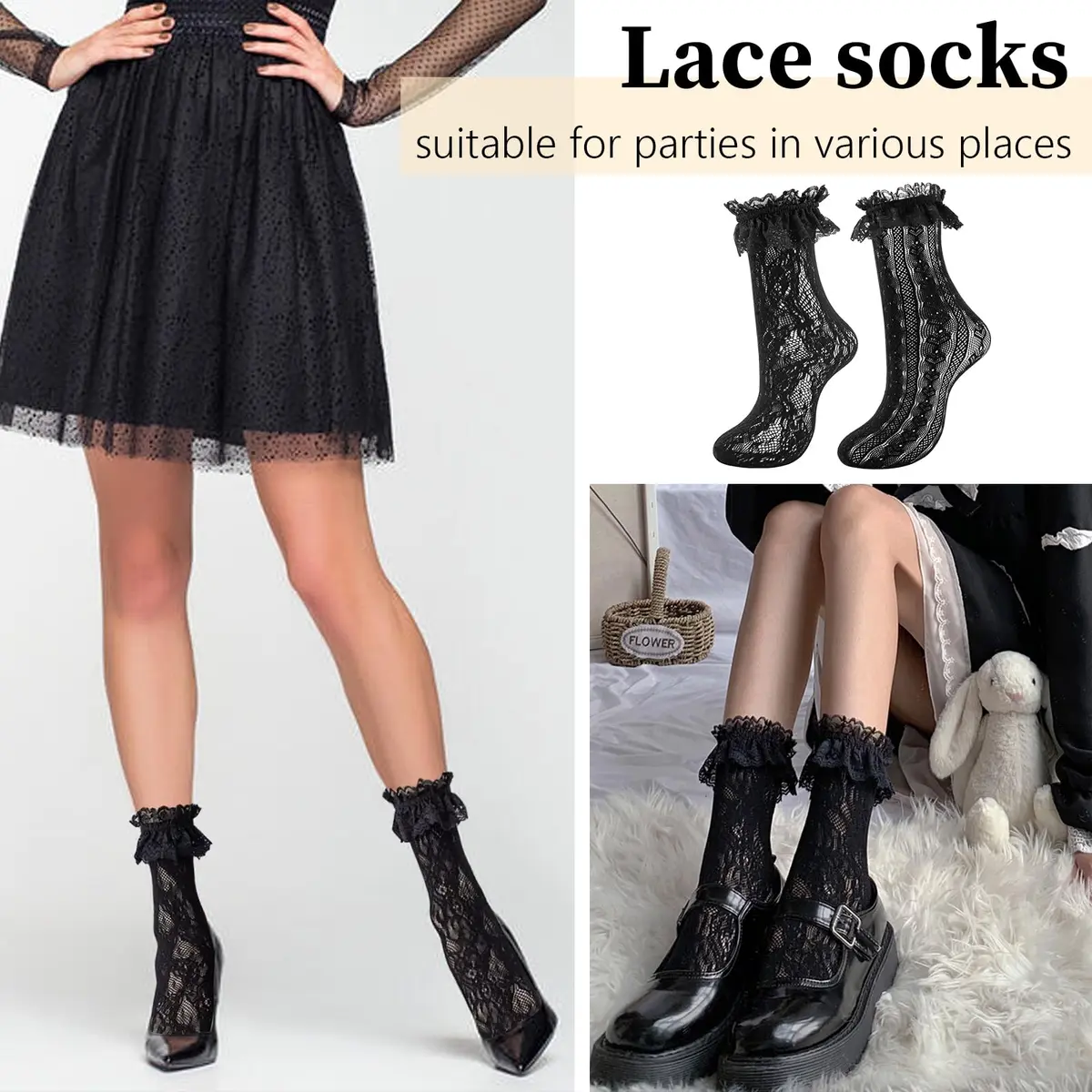 MKYSZLT Women Black Lace Socks Ruffle Frilly Dress Socks | Cute Mesh Lace Trim Ankle High Sock with Ruffles (2 Pairs) - view 2