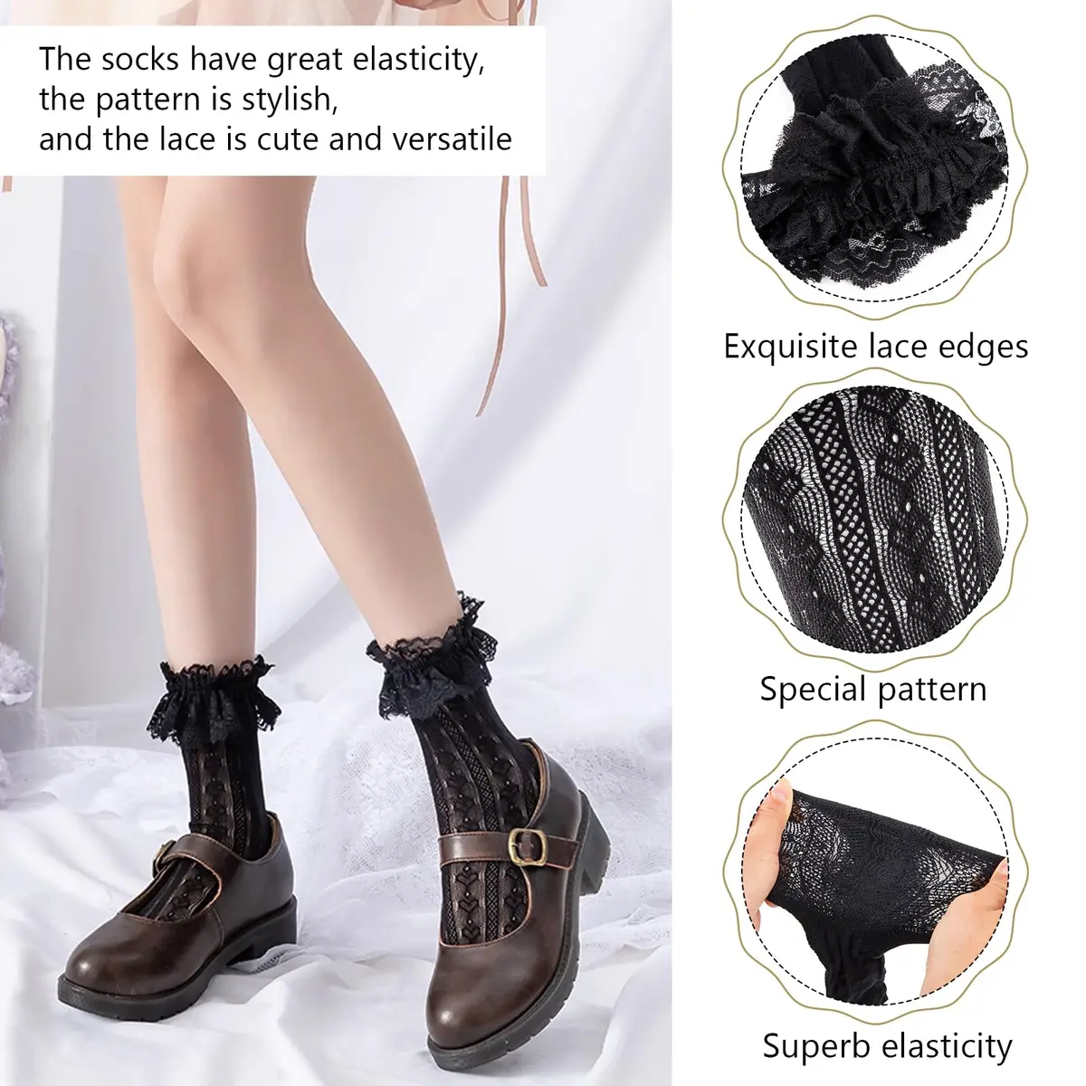 MKYSZLT Women Black Lace Socks Ruffle Frilly Dress Socks | Cute Mesh Lace Trim Ankle High Sock with Ruffles (2 Pairs) - view 3
