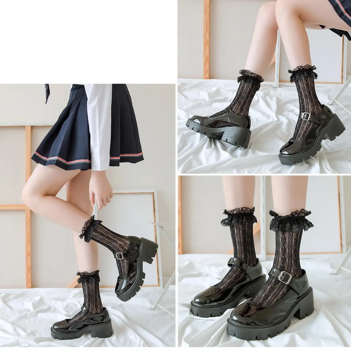 MKYSZLT Women Black Lace Socks Ruffle Frilly Dress Socks | Cute Mesh Lace Trim Ankle High Sock with Ruffles (2 Pairs) - view 4