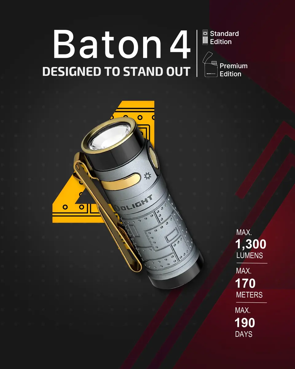 OLIGHT Baton4 Rechargeable LED Flashlight | 1300 Lumens, Compact, 6 Modes, Magnetic Tail, IPX8 Waterproof - view 2