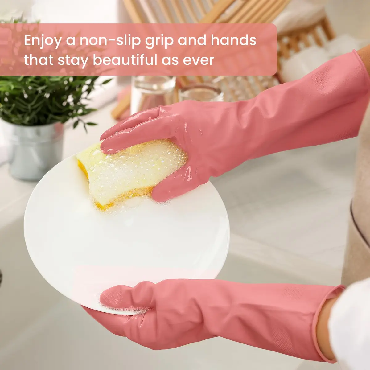SIFANGKE Rubber Cleaning Gloves for Dishwashing 4 Pairs | Reusable Kitchen Gloves with Flocked Lining & Non-Slip Grip (Medium) - view 3