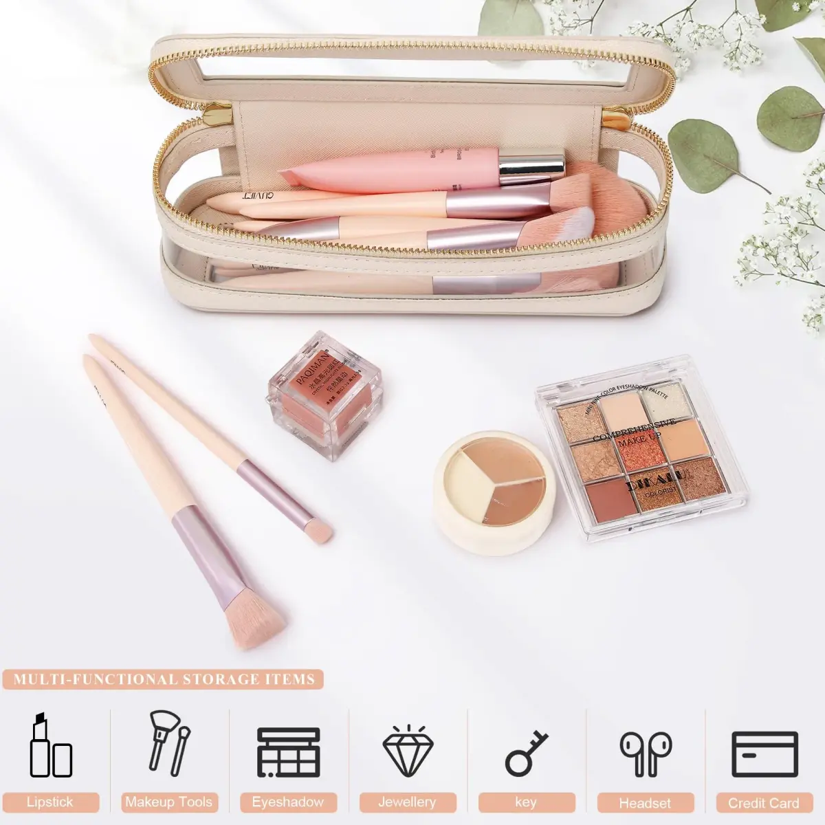 Pinkmik Slim Clear Makeup Brush Case Beige 21.5cm (8.46") | Waterproof Faux Leather Travel Cosmetic Bag - view 5