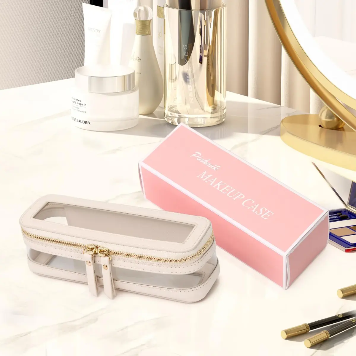 Pinkmik Slim Clear Makeup Brush Case Beige 21.5cm (8.46") | Waterproof Faux Leather Travel Cosmetic Bag - view 6