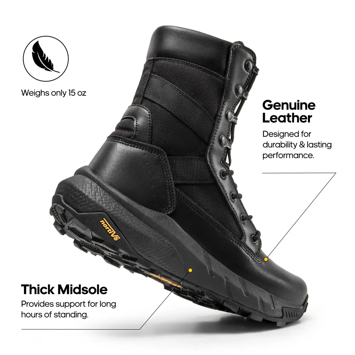 NORTIV 8 Men's Black Tactical Military Work Boots 8 Wide | Side Zipper Leather Lightweight Hiking Motorcycle Combat Boots 8 Inches Peakforce - view 5