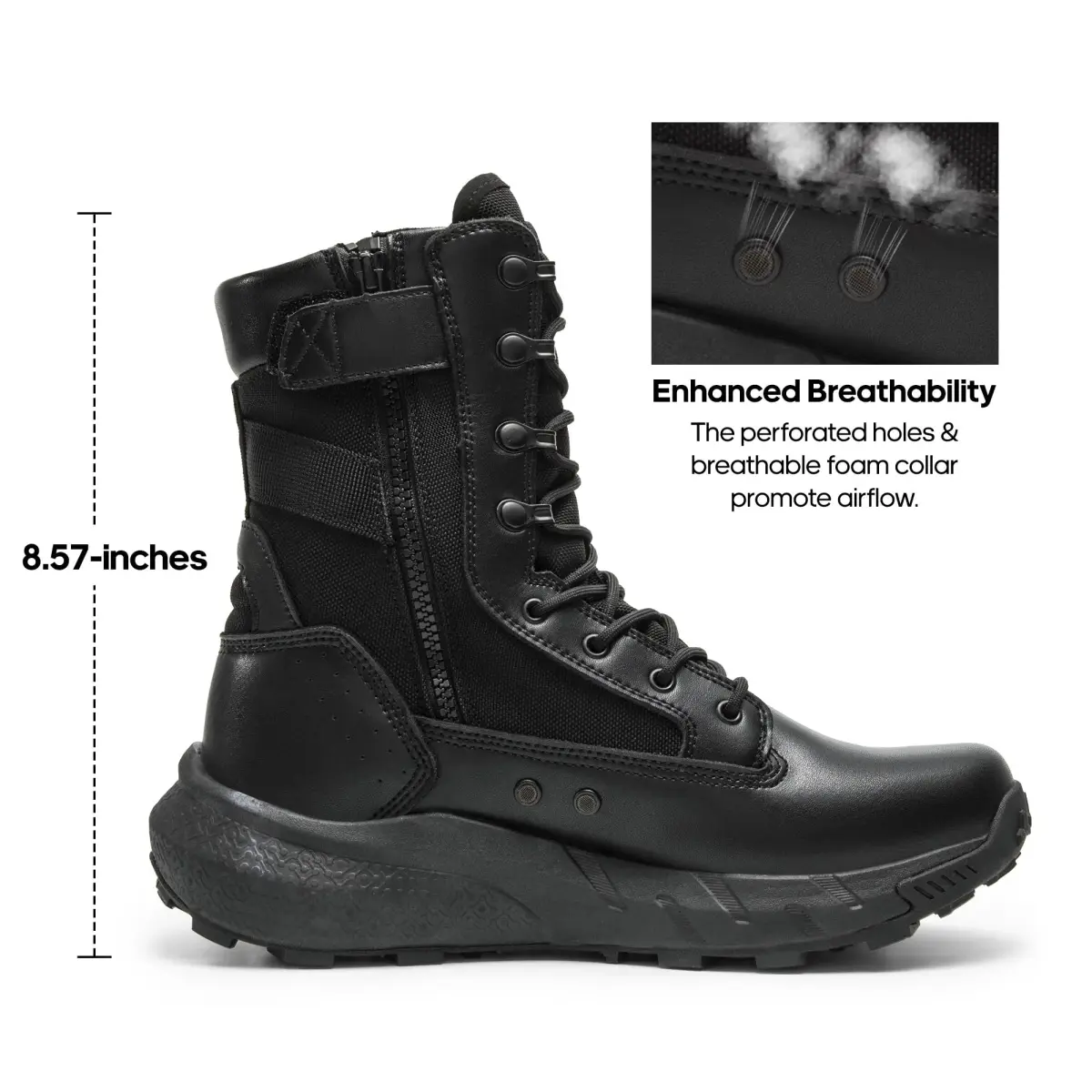 NORTIV 8 Men's Black Tactical Military Work Boots 8 Wide | Side Zipper Leather Lightweight Hiking Motorcycle Combat Boots 8 Inches Peakforce - view 4