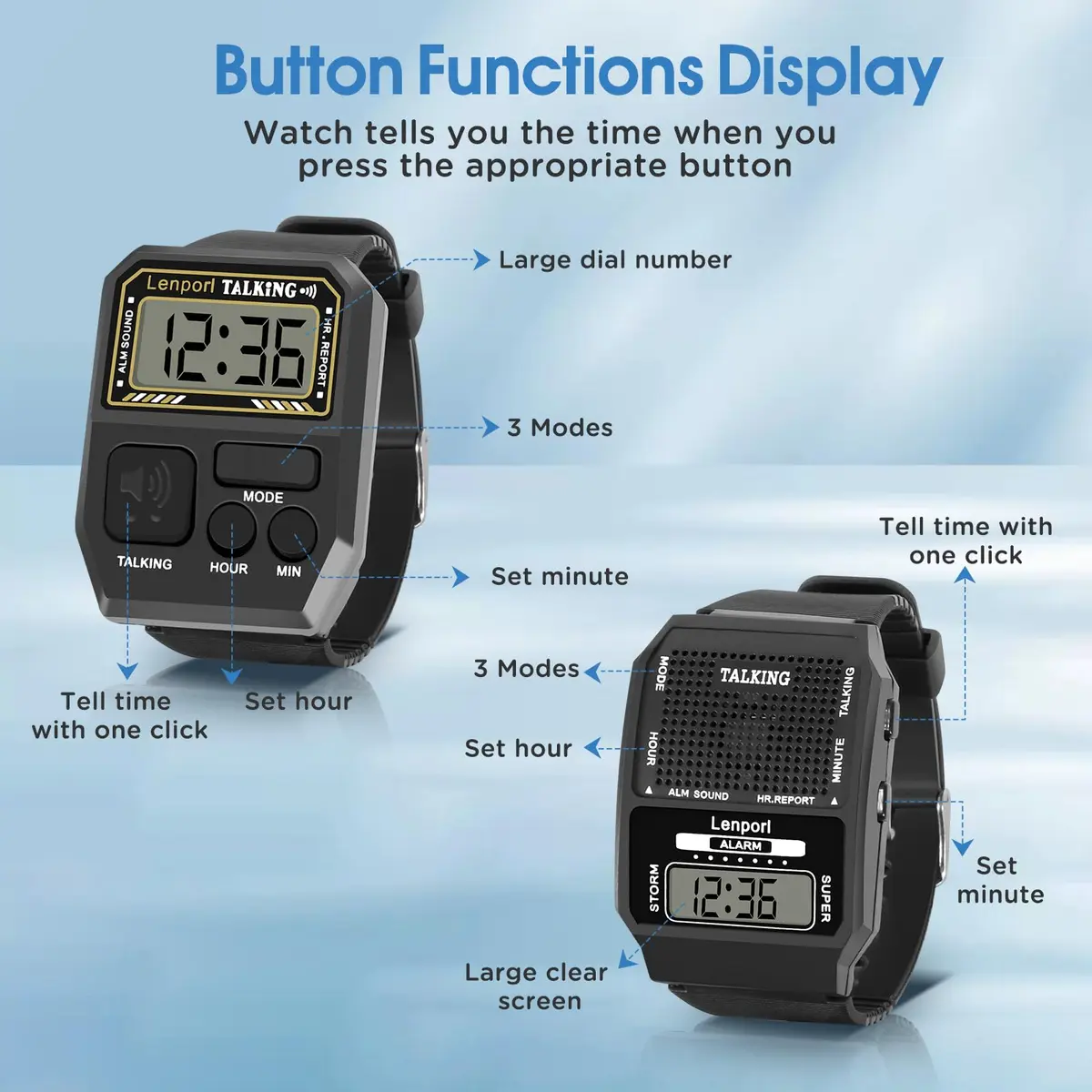 Lenporl Talking Watch 2 Pack, English Voice for Visually Impaired Adults | Large Dial, Easy Operation - view 5