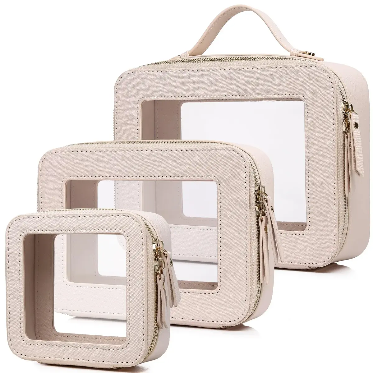 Pinkmik A5/Beige Clear Makeup Bag Set, L+M+MINI (3-Piece) | TSA Approved Travel Cosmetic Case - main product image