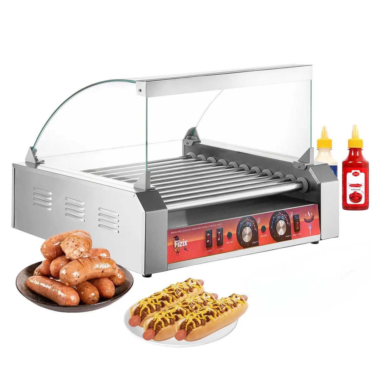 Vexon 1700W Hot Dog Rollers | 30 Hot Dog Capacity, Stainless Steel, Dual Temp Control, LED Light, Detachable Drip Tray - main product image