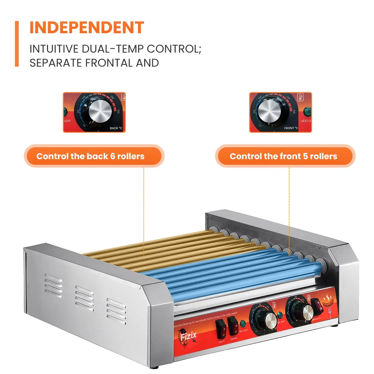 Vexon 1700W Hot Dog Rollers | 30 Hot Dog Capacity, Stainless Steel, Dual Temp Control, LED Light, Detachable Drip Tray - view 2