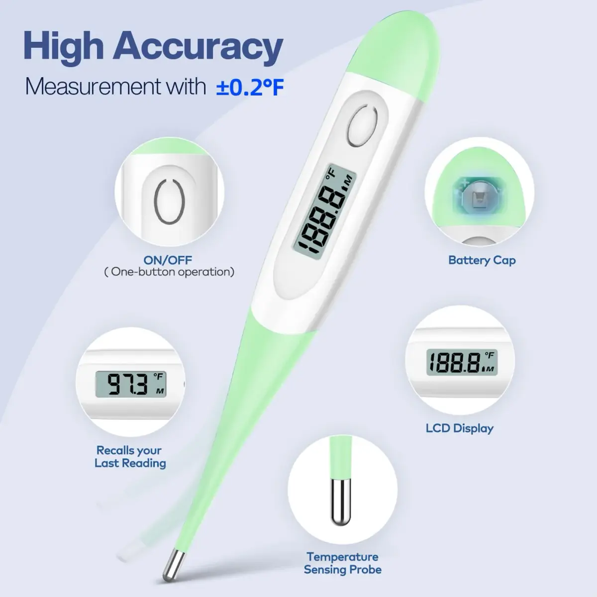 Boncare Digital Thermometer for Adults, Kids & Babies, Light Green | Accurate & Safe Oral and Rectal Thermometer with 10-Second Reading and Fever Alarm - view 3