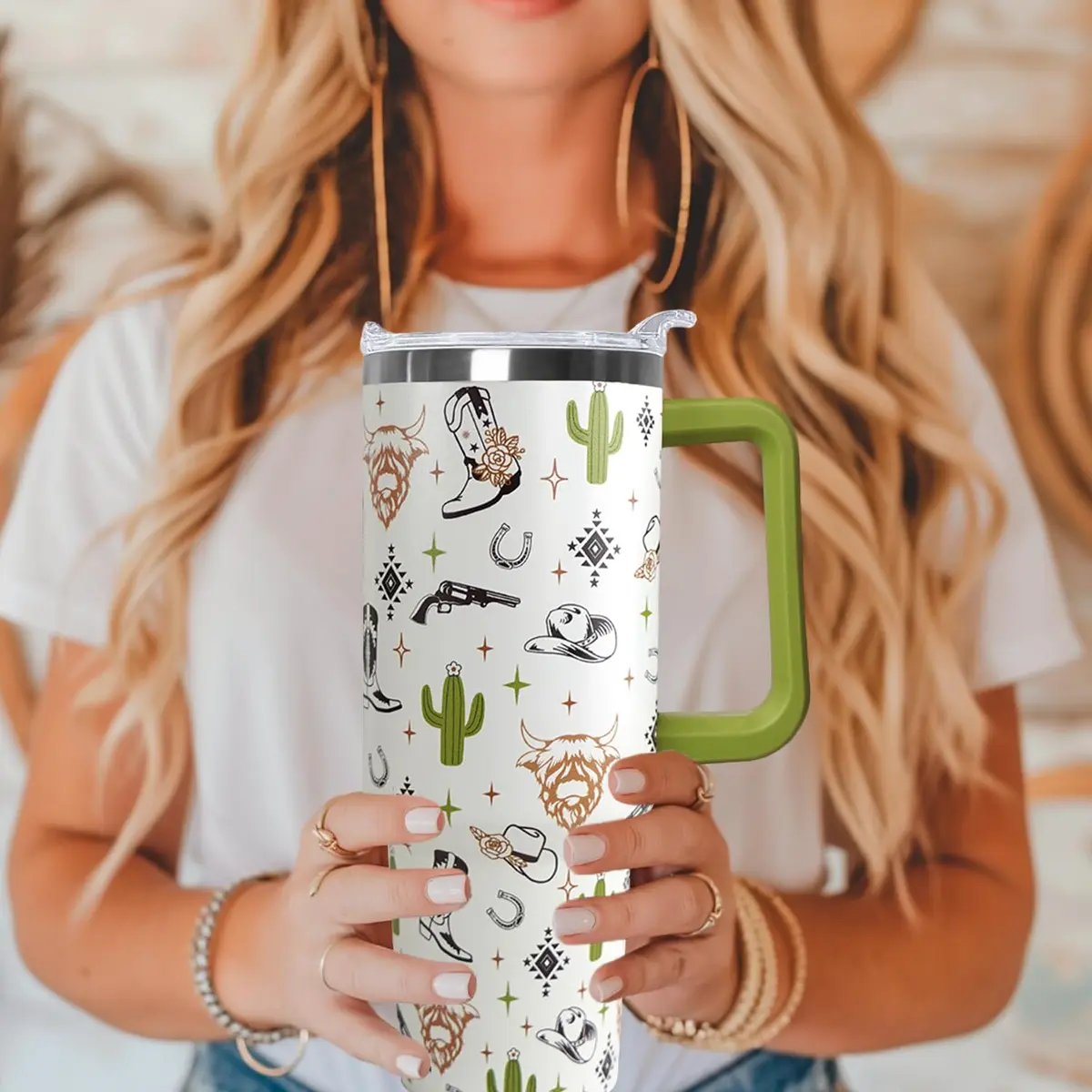 Ceovfoi 40 Oz Western Tumbler With Handle, Cow Skull Coffee Travel Mug Cup Water Bottle, 1183ml (40 Fl Oz) | Insulated Stainless Steel - view 5