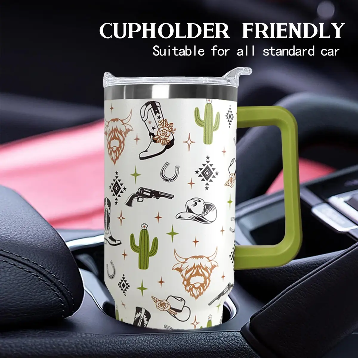 Ceovfoi 40 Oz Western Tumbler With Handle, Cow Skull Coffee Travel Mug Cup Water Bottle, 1183ml (40 Fl Oz) | Insulated Stainless Steel - view 6