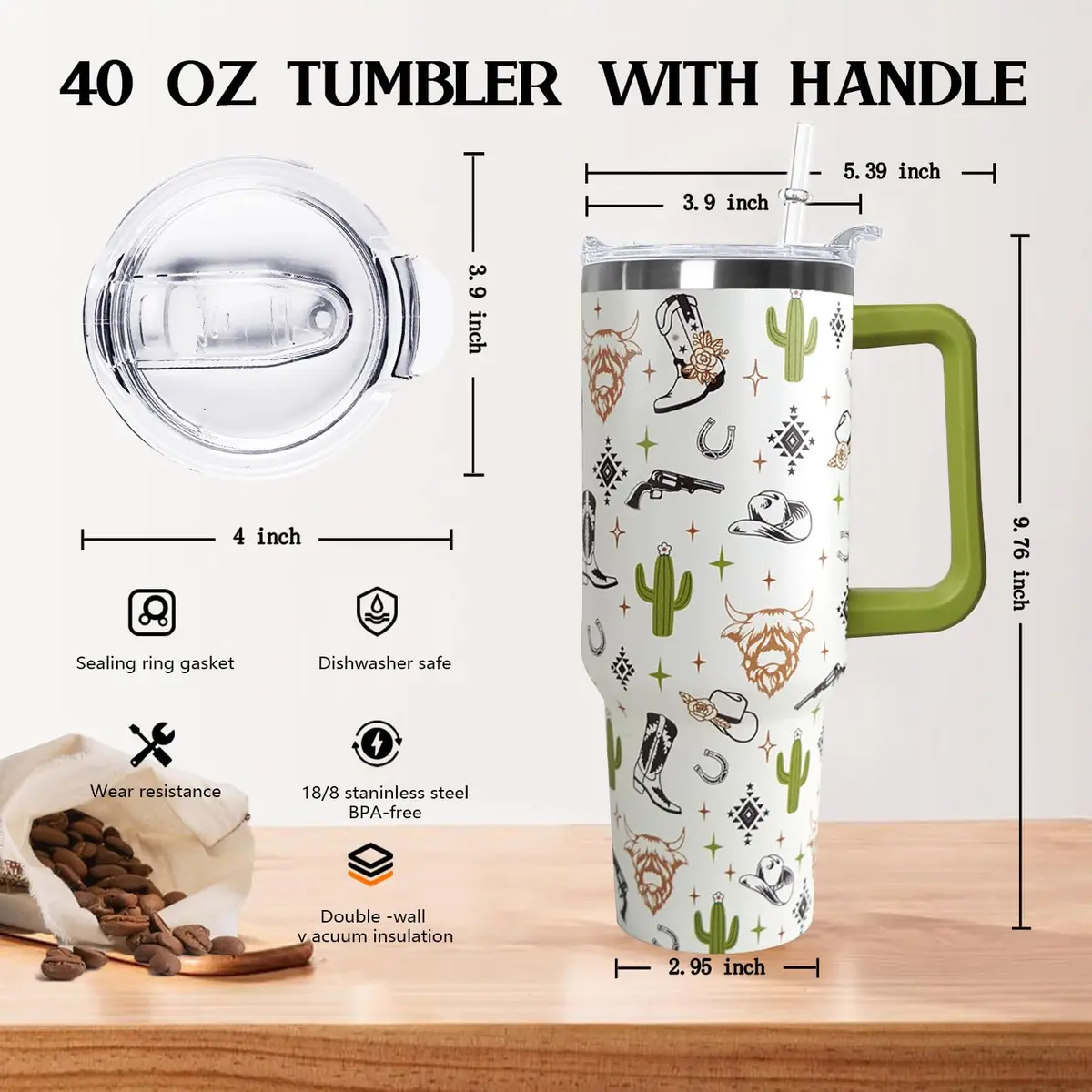 Ceovfoi 40 Oz Western Tumbler With Handle, Cow Skull Coffee Travel Mug Cup Water Bottle, 1183ml (40 Fl Oz) | Insulated Stainless Steel - view 2