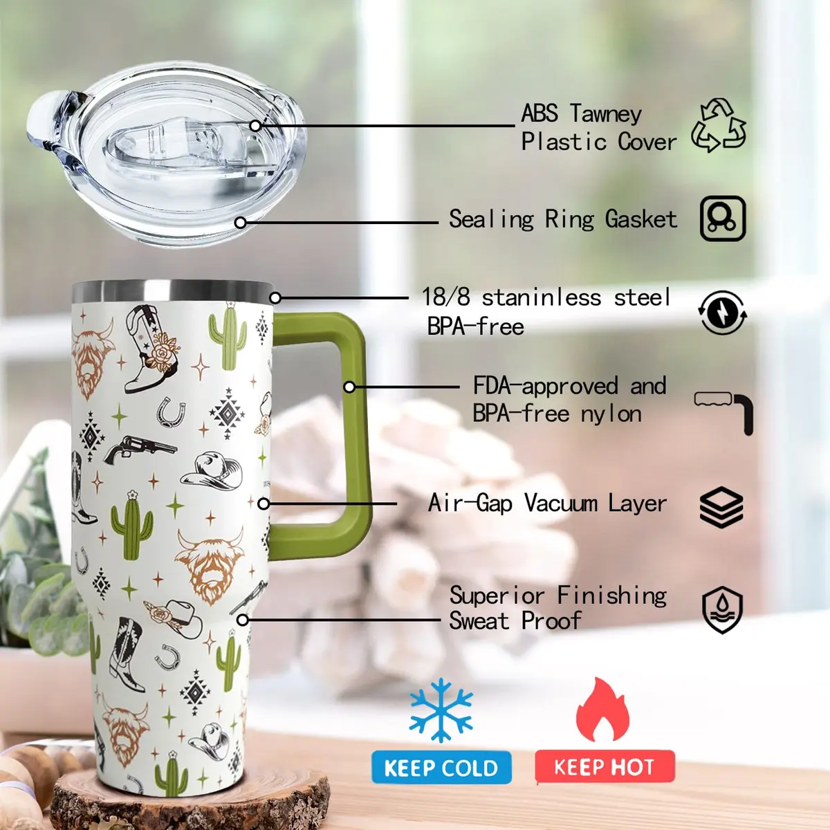 Ceovfoi 40 Oz Western Tumbler With Handle, Cow Skull Coffee Travel Mug Cup Water Bottle, 1183ml (40 Fl Oz) | Insulated Stainless Steel - view 3