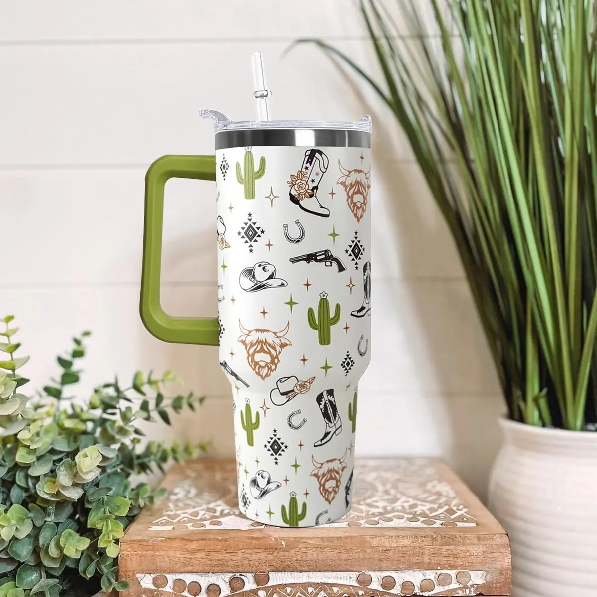 Ceovfoi 40 Oz Western Tumbler With Handle, Cow Skull Coffee Travel Mug Cup Water Bottle, 1183ml (40 Fl Oz) | Insulated Stainless Steel - view 4
