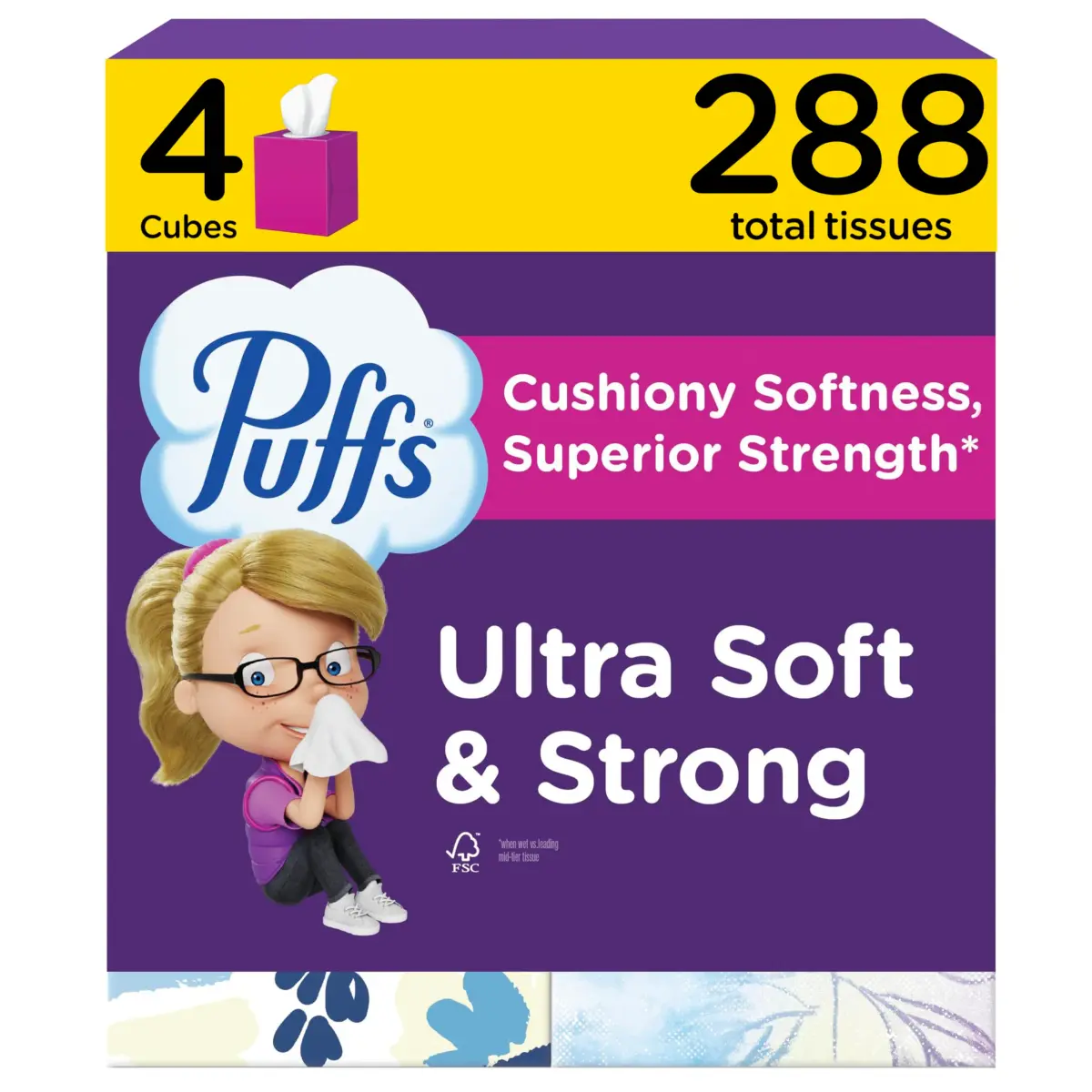 Puffs Ultra Soft Facial Tissues Mega Cube Boxes, 288 Tissues (72 per Box) | Gentle on Sensitive Skin - main product image