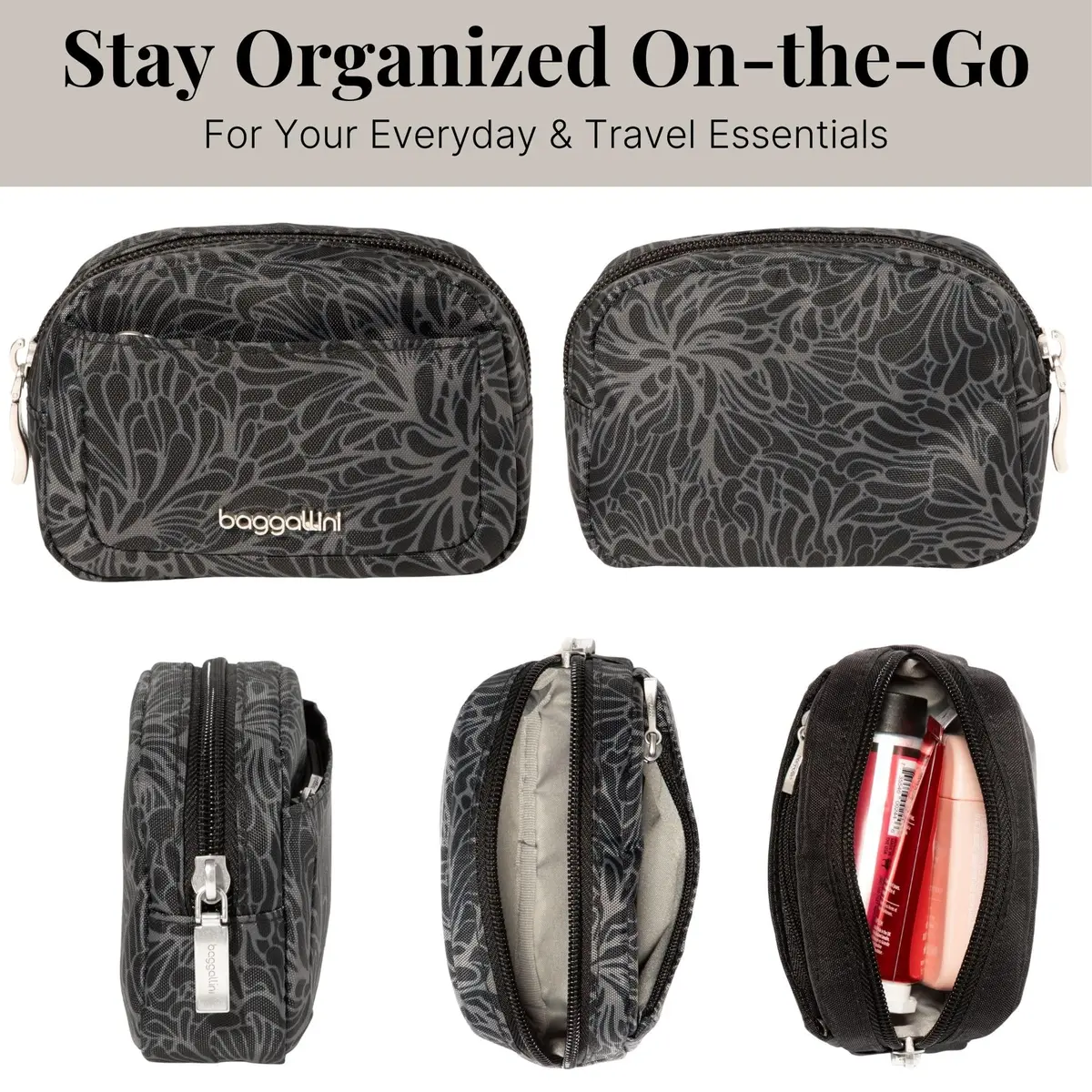 Baggallini Mini Cosmetic Pocket Midnight Blossom Floral Polyester Makeup Bag 8.6cm (3.4in) | Lightweight Travel Organizer - view 4