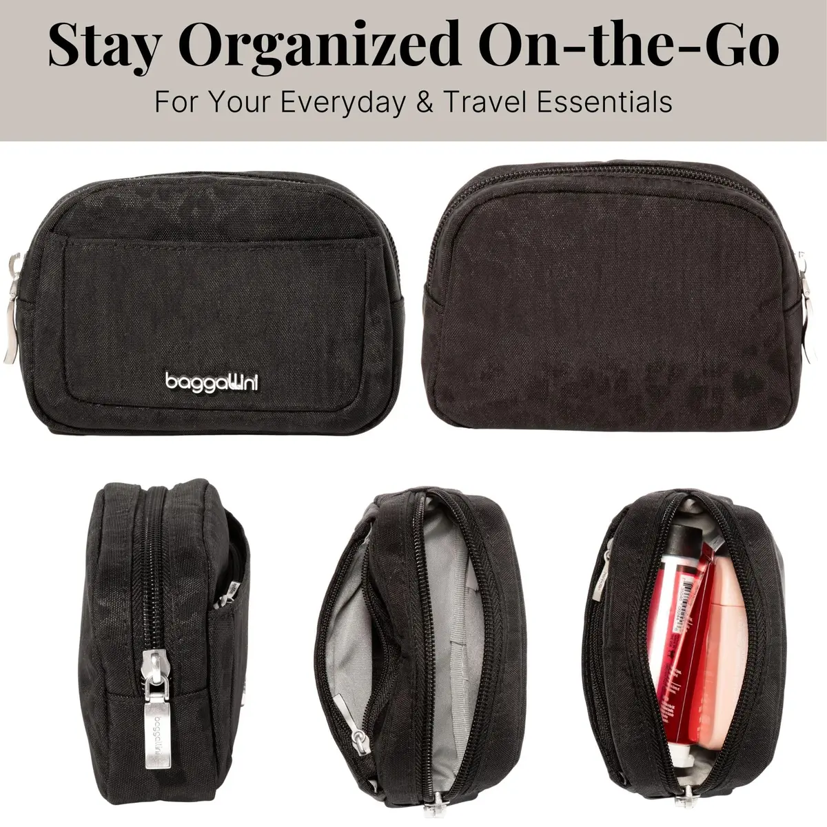 Baggallini Mini Cosmetic Pocket Black Cheetah Emboss 10cm (3.5in) x 15.6cm (4.9in) x 3.1cm (1.5in) | Lightweight Travel Makeup Organizer - view 4